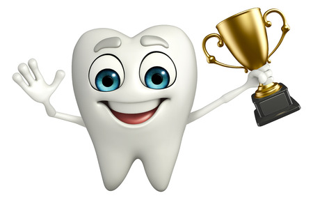 cartoon character of teeth with trophy